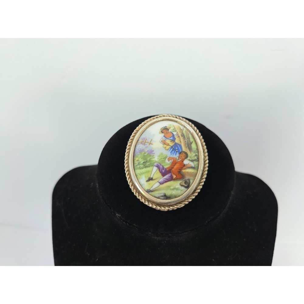 Vintage Limoges France pin back brooch couple in field porcelain